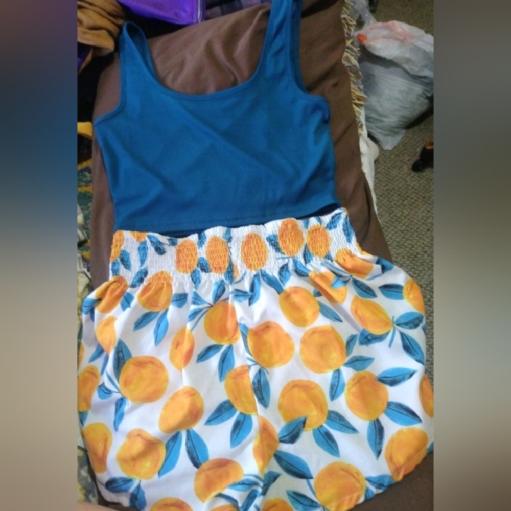 Blue Tank with Orange Fruit Print Paper Bag Shorts